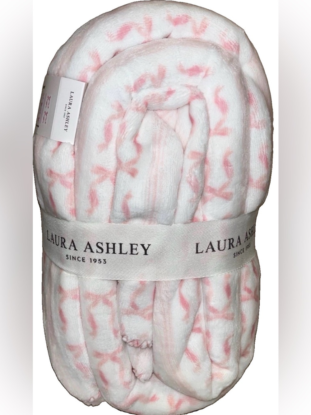 Laura Ashley pink bow rose floral romantic farmhouse reversible throw blanket - Picture 5 of 7